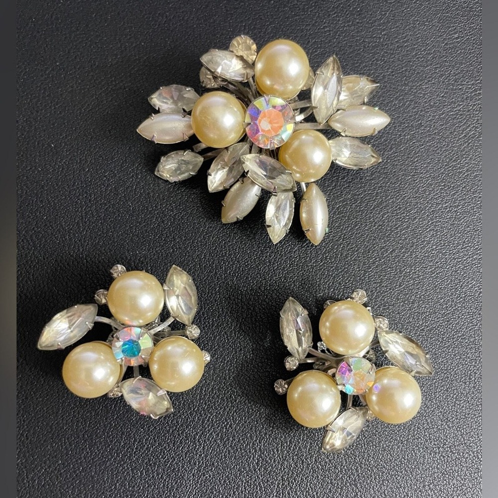 AB Rhinestone Brooch Earring Set Midcentury Faux Pearl Clip Ons